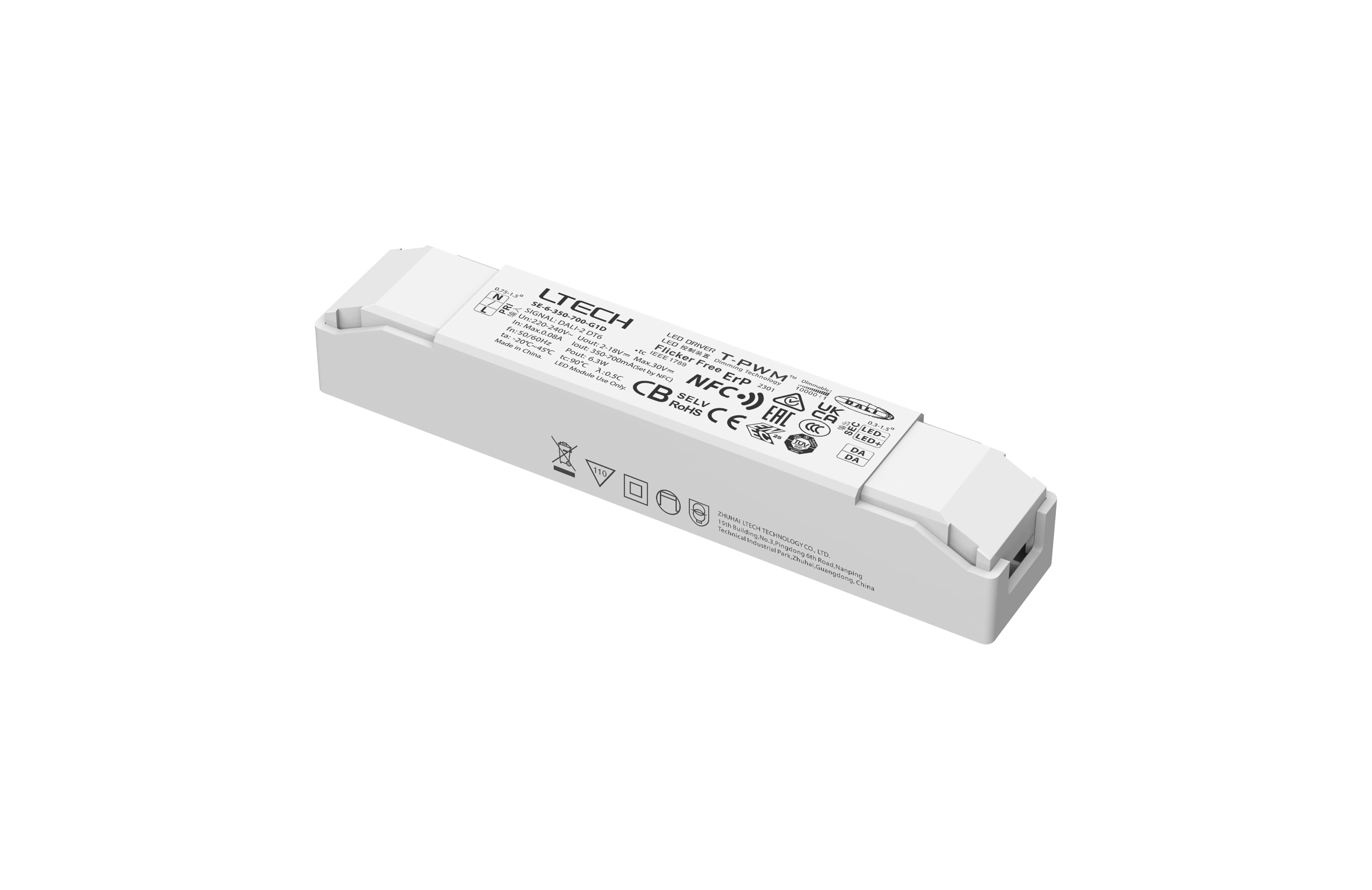 Intelligent LED Driver, DALI  0-100% Dim, PWM Digital Dim,DALI DT6, CC 6W 350-700mA 2-18Vdc.